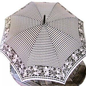 Vintage Gianni Versace Black and White Gingham Check and Floral Umbrella